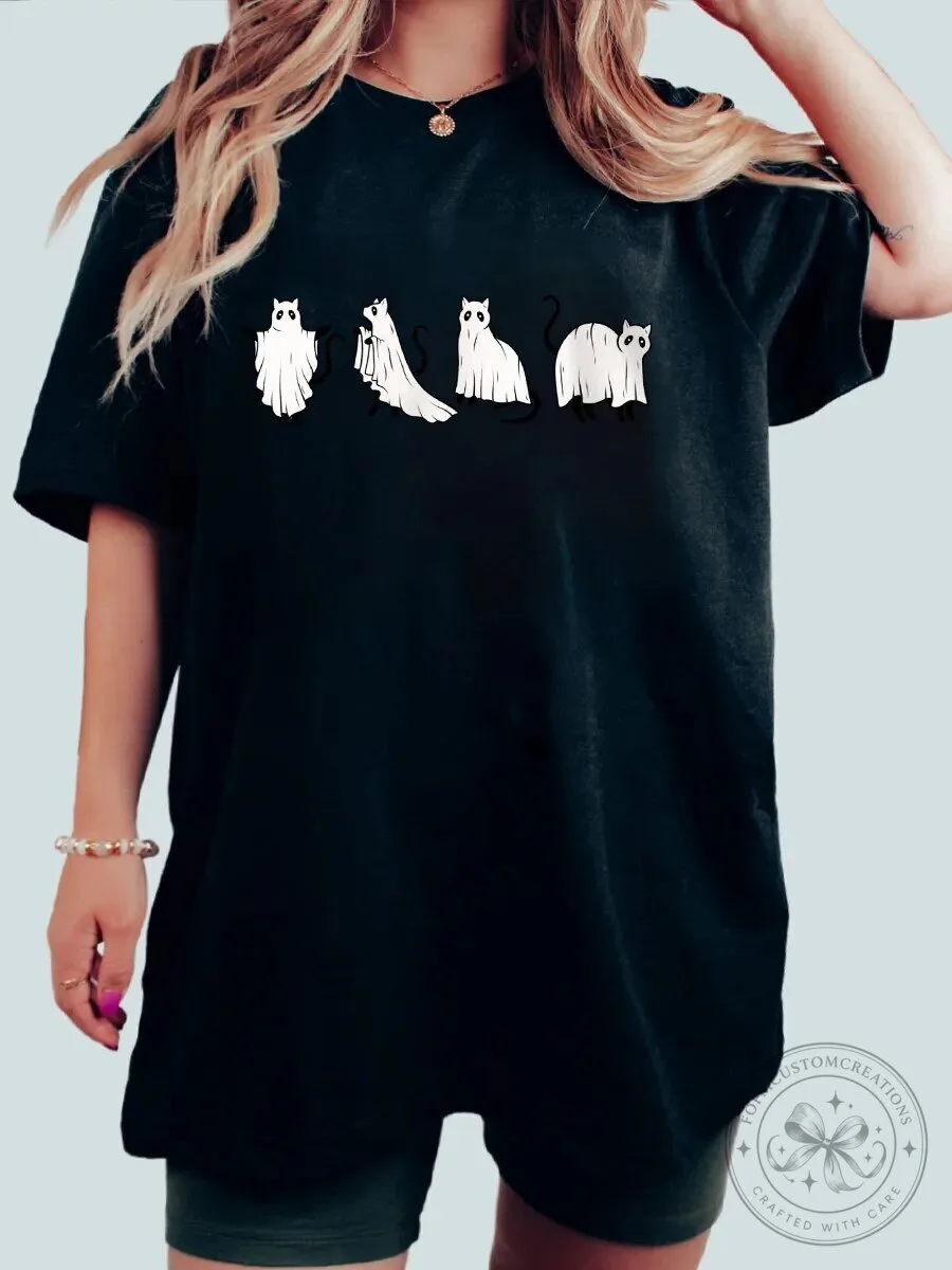 Cute Ghost Cats Halloween Spooky Feline Graphic Print T-Shirt