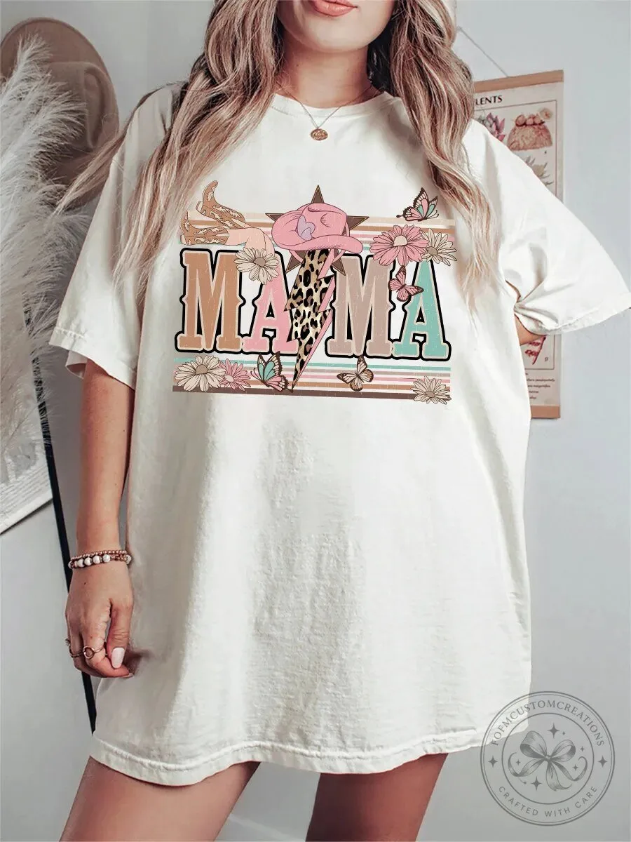 Mama G Western Cowboy Hat Lightning Bolt Butterflies Floral T-Shirt